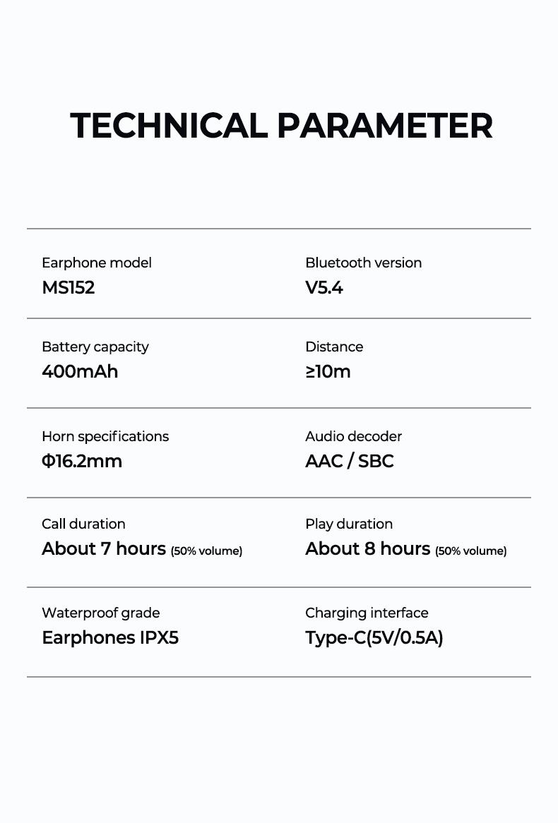 MINISO MS152 True Wireless Open Ear Headphones Bluetooth 5.4 HIFI Stereo Earbuds Noise Canceling Sports Earphones IPX5 Waterproof With microphone