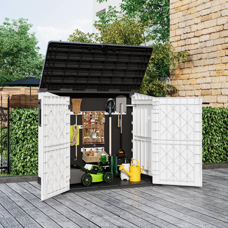 Outdoor Storage Box (White/Black) -  126.5"D*73.1’W*110”H, 36 Cu Ft Capacity, Waterproof Resin with Lockable Latch, 15 Lbs/Sq Ft Roof Load, Durable Solid Plastic Organizer-Christmas Gifts.