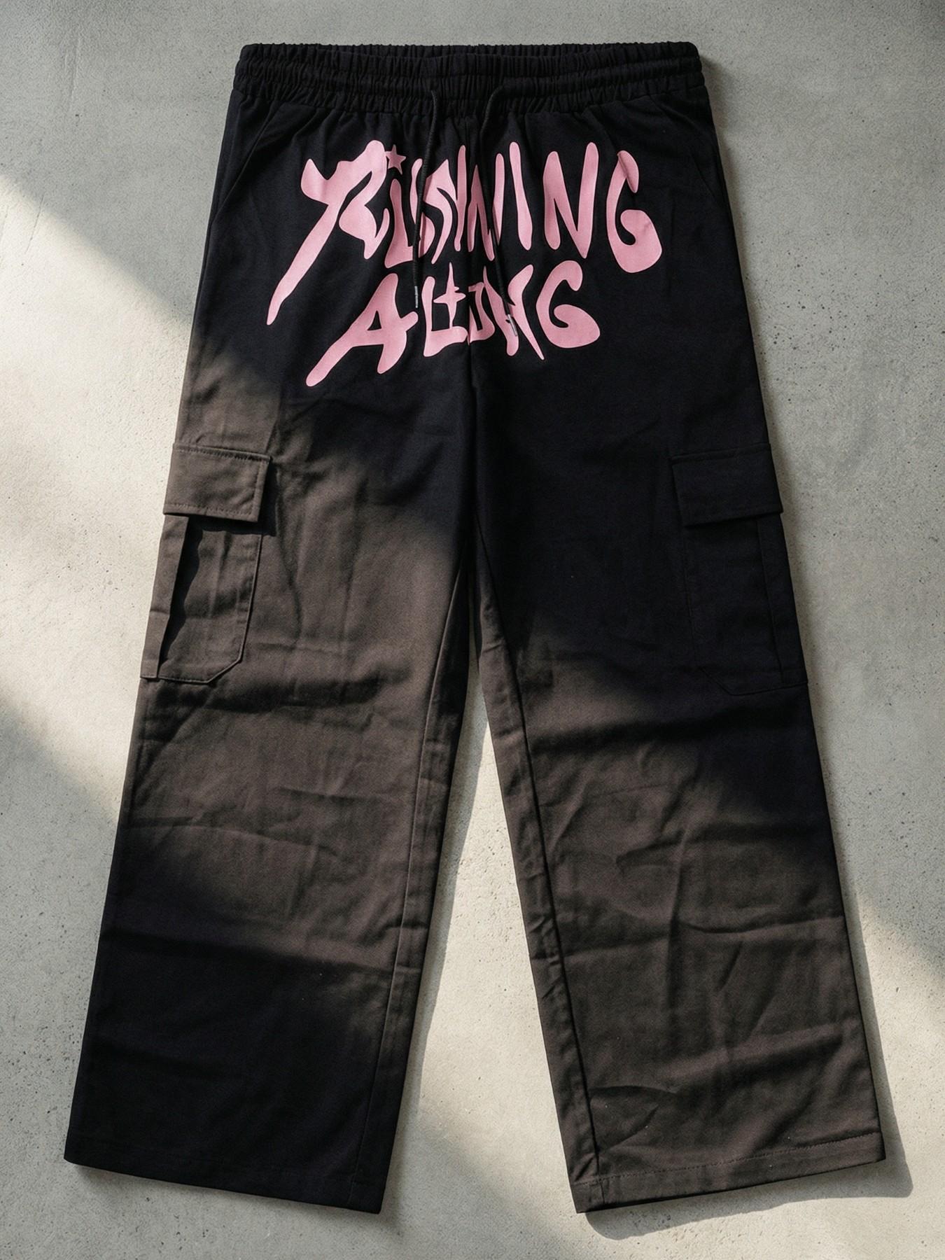 "Men's Black Pink Graffiti Graphic Wide Leg Cargo Pants | Y2K Streetwear Drawstring Casual Trousers for Daily Wear"