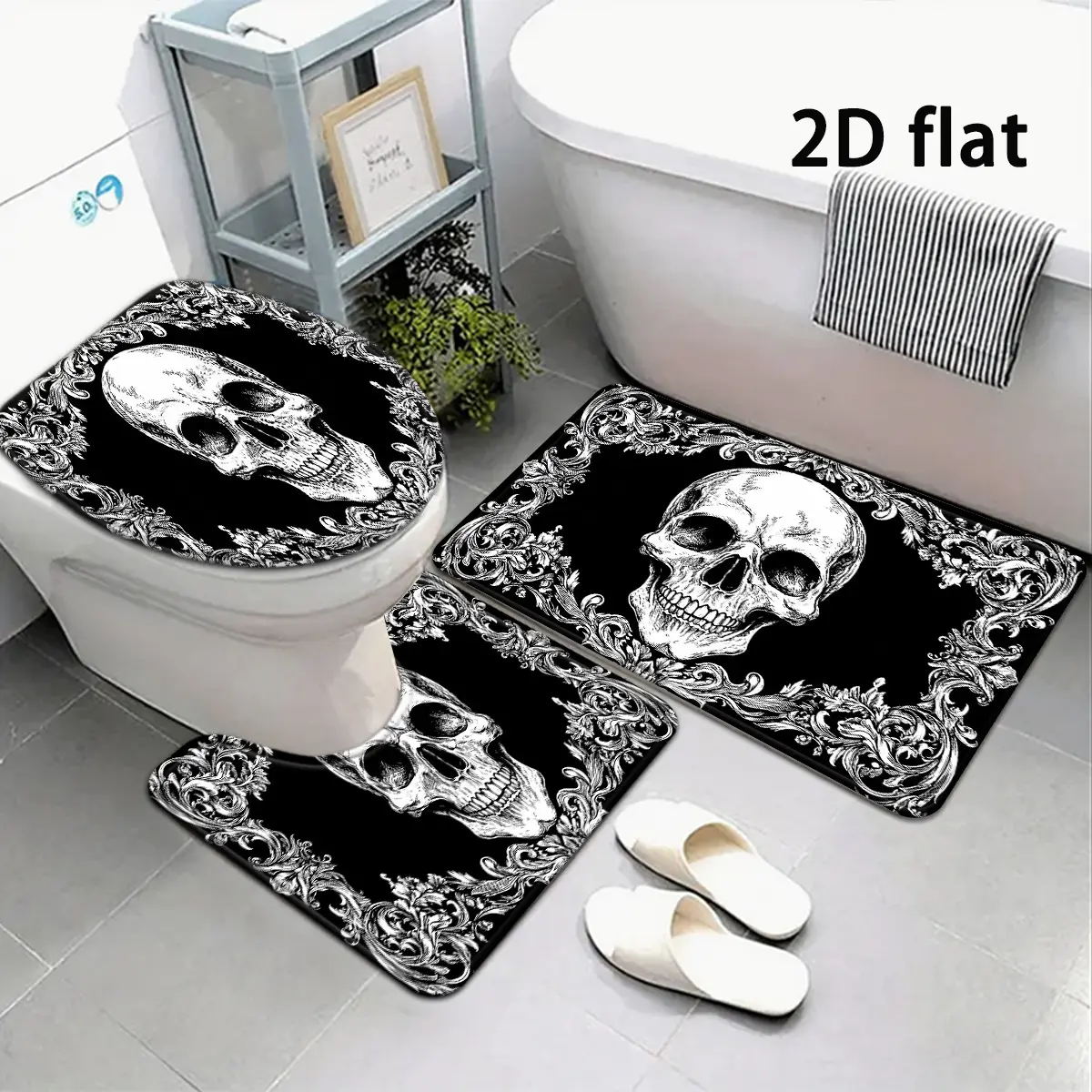2D Flat 2/3/4Pcs Black White Vintage Skull Gothic Flannel Bathroom Mat Set, Non-Slip Water Absorbent Bath Rug, U-Shaped Contour Mat & Toilet Lid Cover, Halloween Home Decor Mats for Bathroom, Laundry Room, Bedroom Entryway,Christmas,Santa,soft,Memory,foam