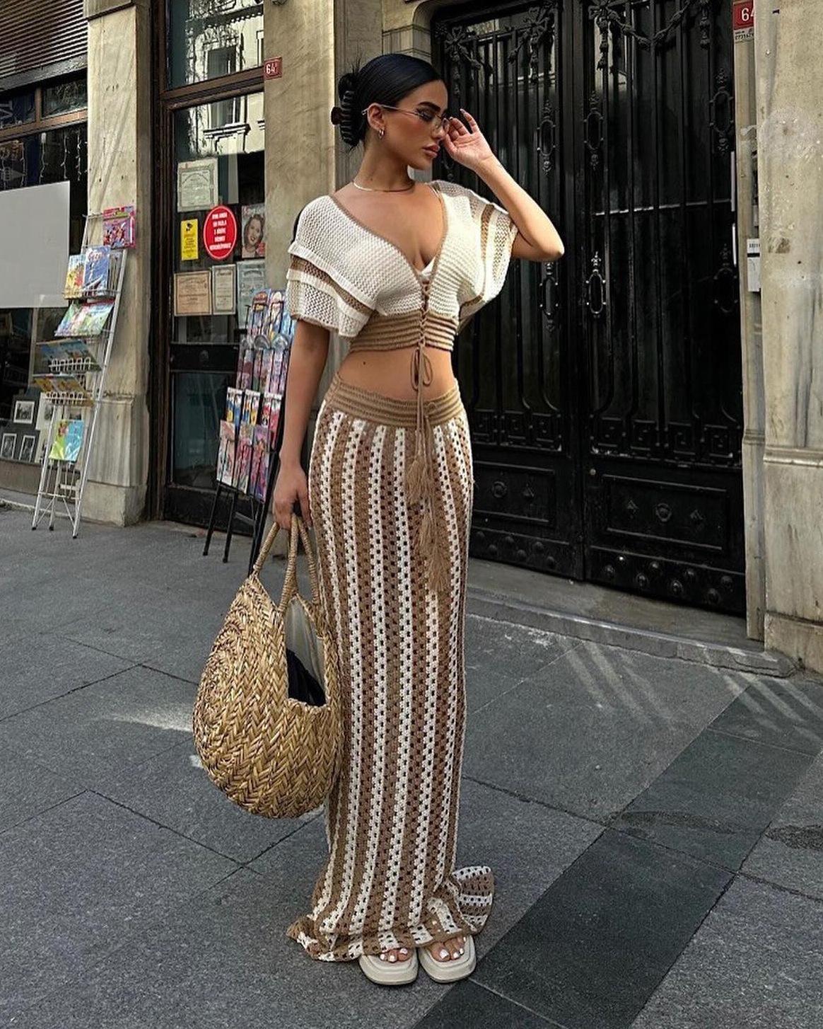 Skirt Sets Women 2 Piece Outfits Crochet Crop Tops and Striped Maxi Skirt Vacation Outfit Hawaiian outfit Featuring an openwork knit texture design Suitable for vacations, beaches, and cruises Valentine's Day
