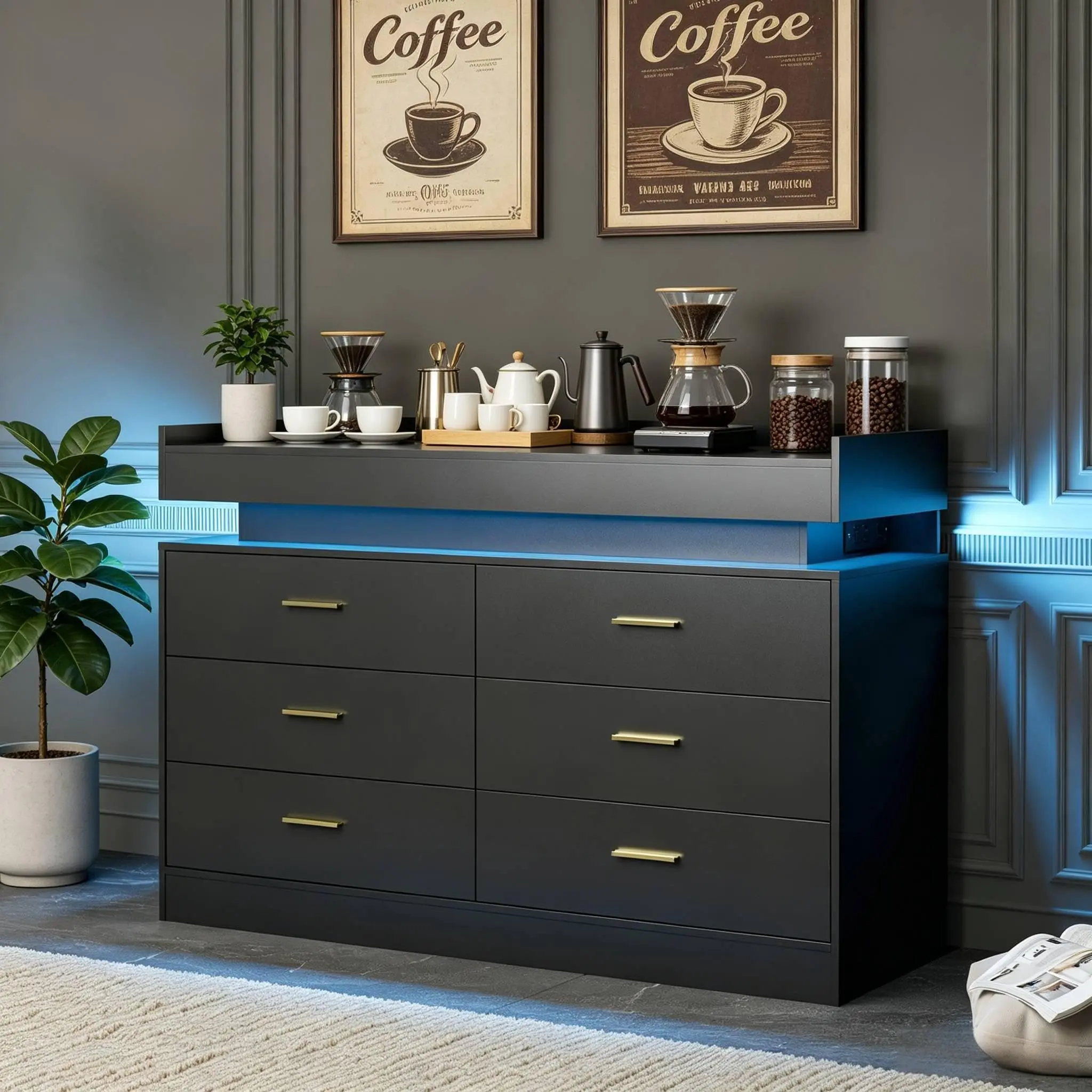 GAOMON Rectangular Modern Smart Dresser with 6 Drawers, Integrated Charging Station, LED Lighting, and Floating Top Sideboard for Bedroom, Living Room