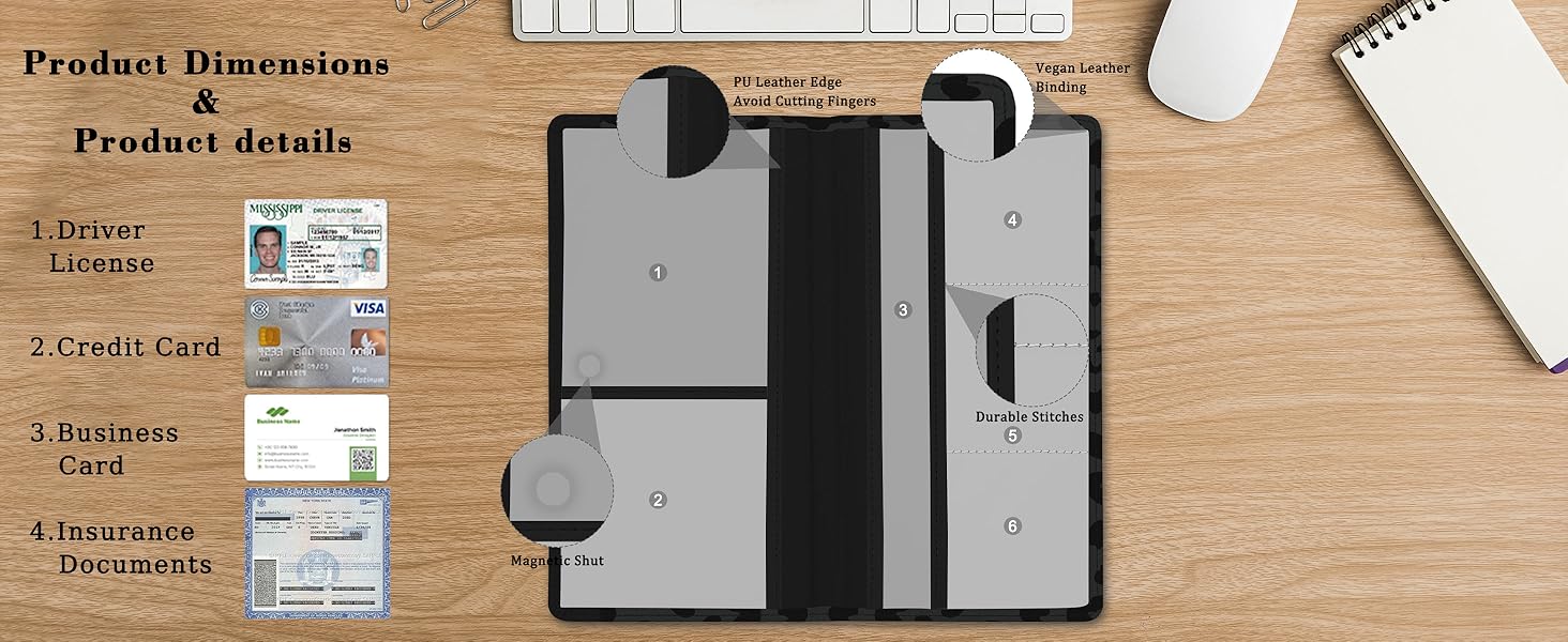 Car Registration and Insurance Holder, with Magnetic Closure for License, Cards and Documents, All Vehicle Needs and Car Accessories (Leopard-Black)