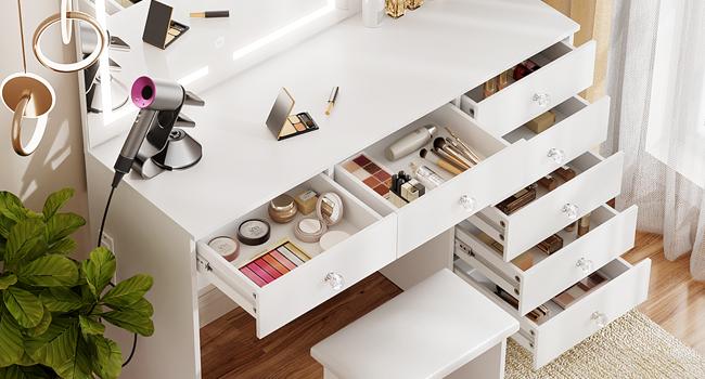 VOWNER Vanity with Lighted Mirror - 47" Makeup Vanity Desk with 7 Drawers, 3 Storage Shelves and Outlet, 3 Color Lighting Modes with Adjustable Brightness, Makeup Desk with Stool for Bedroom, White