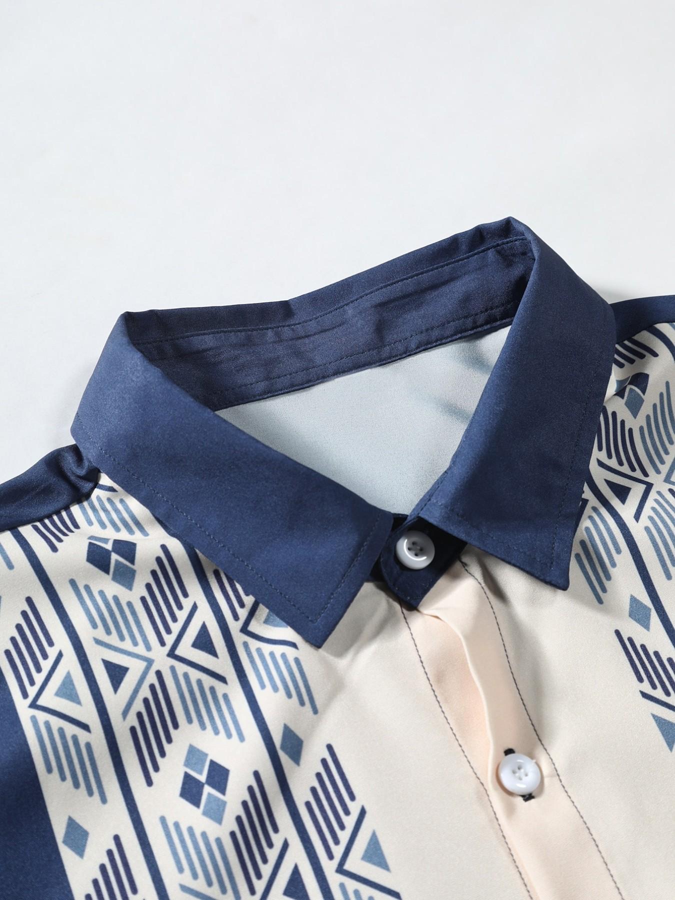 Men's Casual Short Sleeve Shirt, Ethnic Pattern Striped Print, Hawaiian Vacation Style, Summer Top, Fitted H-Type Silhouette