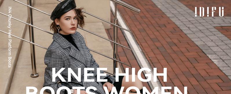 IDIFU Women's Square Toe Knee-High Boots, Soft Comfortable Chunky heel Booties for Winter, Elegant Walking Shoes Girl, Female Black Platform Footwear