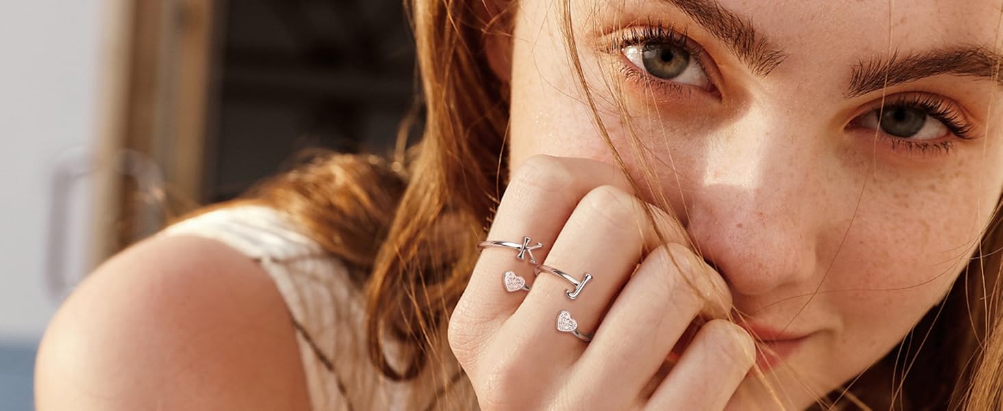 MILACOLATO 925 Sterling Silver Heart Initial Rings for Women  Stackable Ring Adjustable Initial Rings for Teen s Cute Heart Alphabet Letter Rings, Letter A-Z SpringStatements