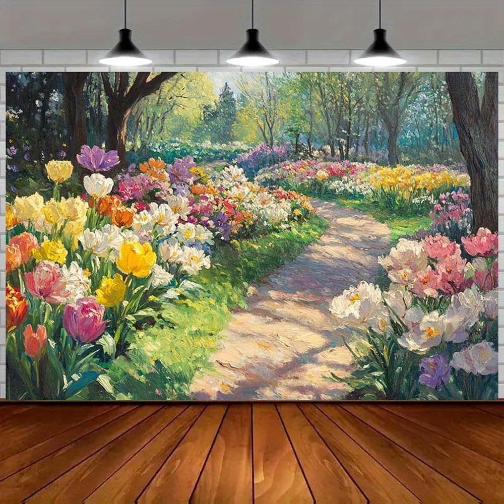 1pc Vibrant Tulip Pathway Wall Mural - Colorful Sunlit Flowers & Lush Greenery, Polyester Fabric Banner for Spring Celebrations, Easter Decor, Birthdays, or Photography Backdrop, Multiple Sizes Av