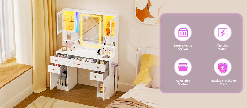 【Valentine's Day gift】Makeup Vanity Mirror with Light, Large Women Vanity Desk with Touch Screen Mirror Lights & Power Outlet, 4 Cabinet, 2 Shelves & 5 Drawers for Bedroom,[Gift Idea]