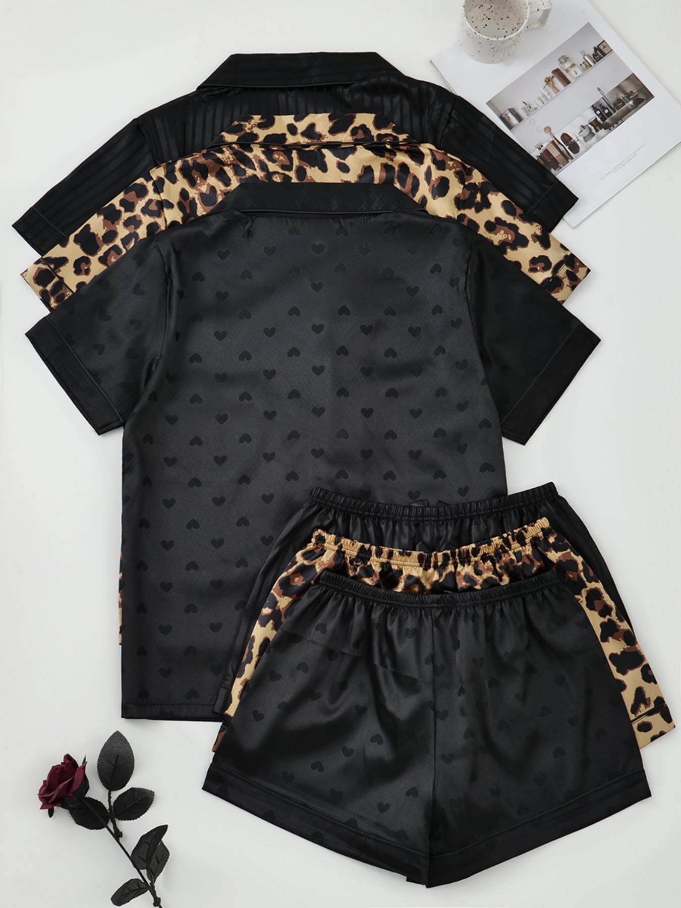 Fashion Six-Piece Women's Satin Pajama Set, Comfortable Lightweight Summer Sleepwear & Loungewear, Button Top and Bow Front Shorts, Casual Fitted Style, Leopard, Pjs Fashion Six-Piece Women's Satin Pajama Set, Comfortable Lightweight Summer Sleepwear & Loungewear, Button Top and Bow Front Shorts, Casual Fitted Style, Leopard, Pjs