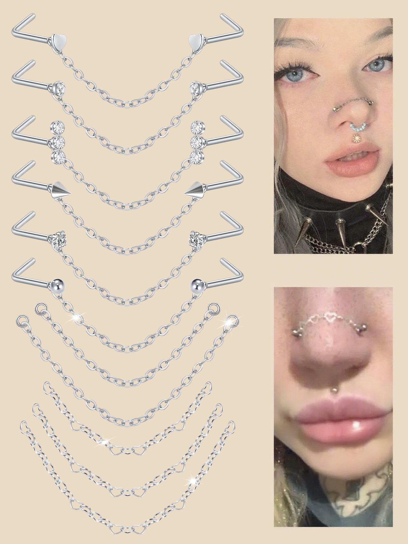 Stainless Steel Cz Nose Chain Piercing, 20g L Bone Shaped Nose Ring Chains for Women, Cz Nose Studs with Chains, Nostril Piercing Jewelry, Nose Piercing Kit