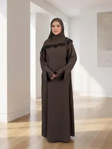 New Muslim Women's Abaya Two-Piece Set, Long Dress + Headscarf, Contrast Lace, Elegant, All Seasons, Nida Fabric, Chiffon Headscarf Included