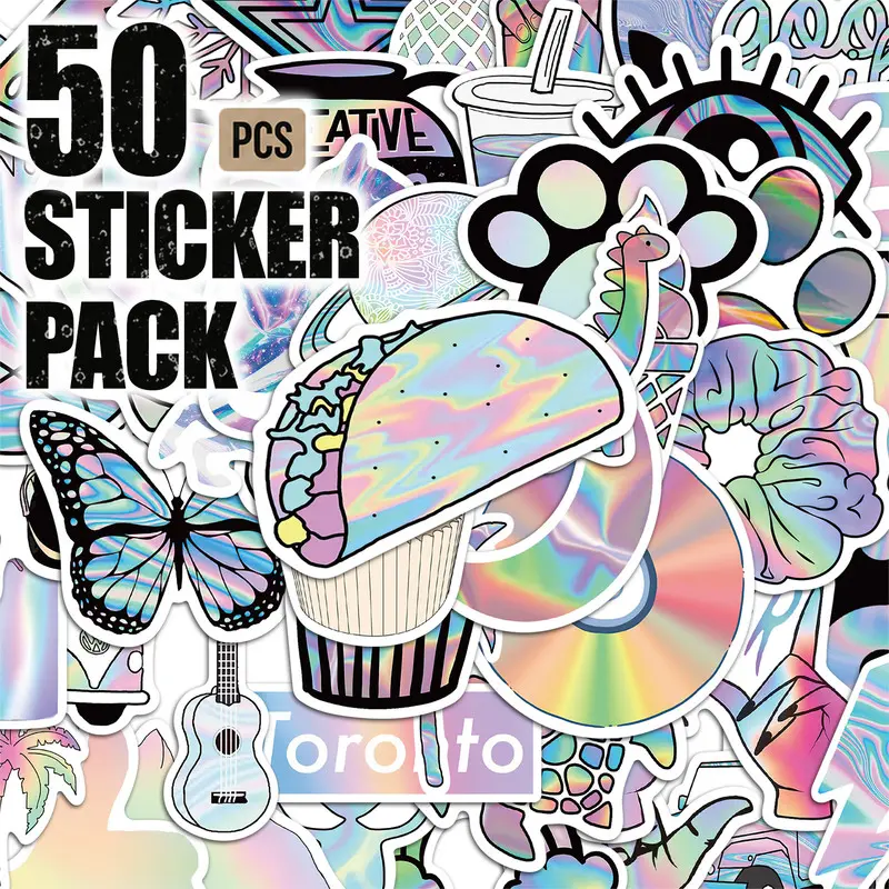 50pcs*5packs Holographic laser Aesthetic Vinyl Stickers Pack for Laptop Water Bottle Phone Case Skateboard Journal Scrapbook DIY Decoration