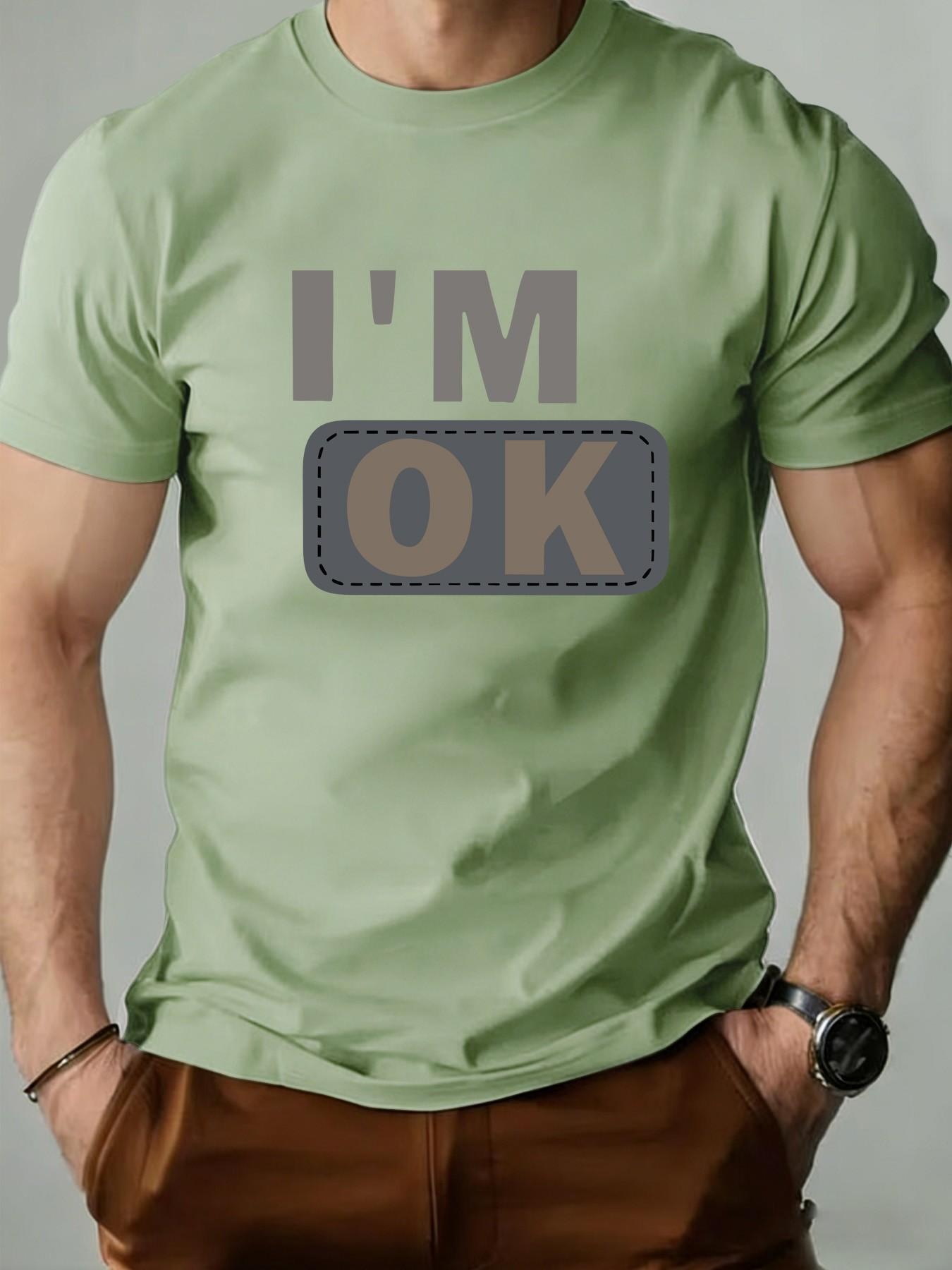 Men's Round Neck T-Shirt, Fashion I'm Ok Patch Design, Geometric Print, Retro Style, Long Sleeve, Casual Wear, Perfect Gift