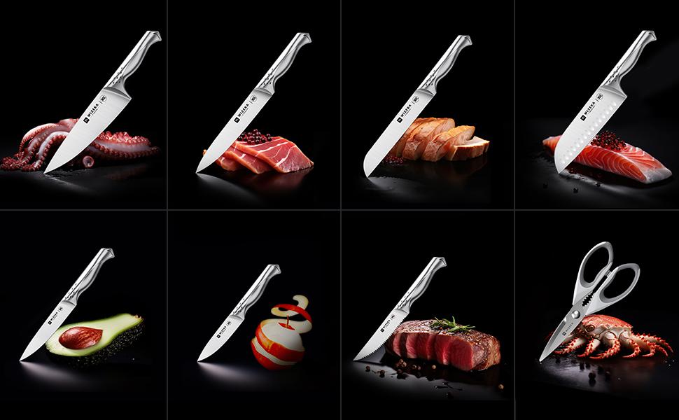 WIZEKA Jaguar Series Kitchen Knife Set with Block, Dishwasher Safe 15 Pcs Professional Chef Knife Set with Knife Sharpener, Food Grade German Stainless Steel Knife Block Set Gift for men Steak knife cooking knives Kitchen Knives kitchen accessories