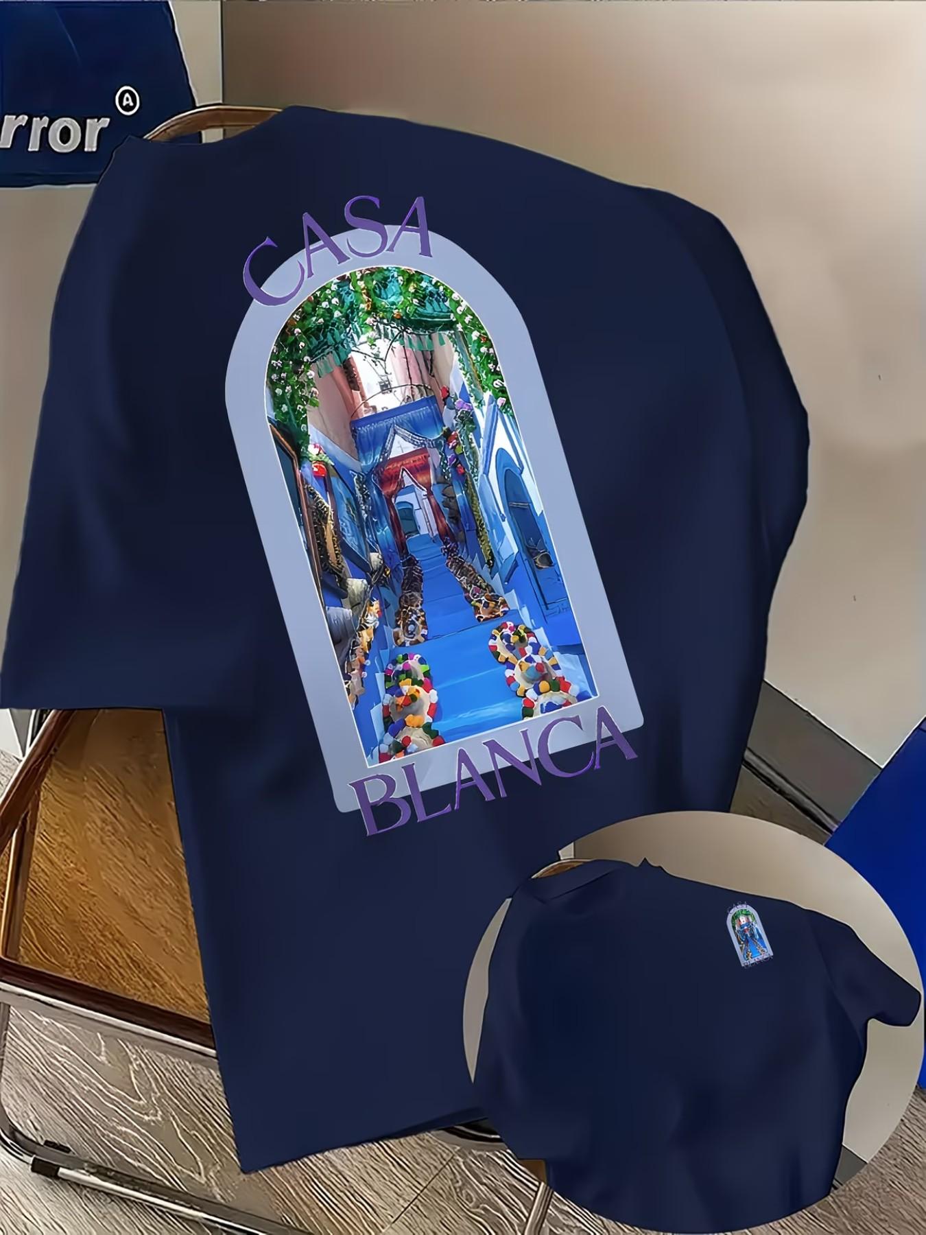 "casablanca" Creative Animal Print Men's Round Neck Short Sleeve, Comfortable Material, Fashion Trendy, Suitable for All Seasons