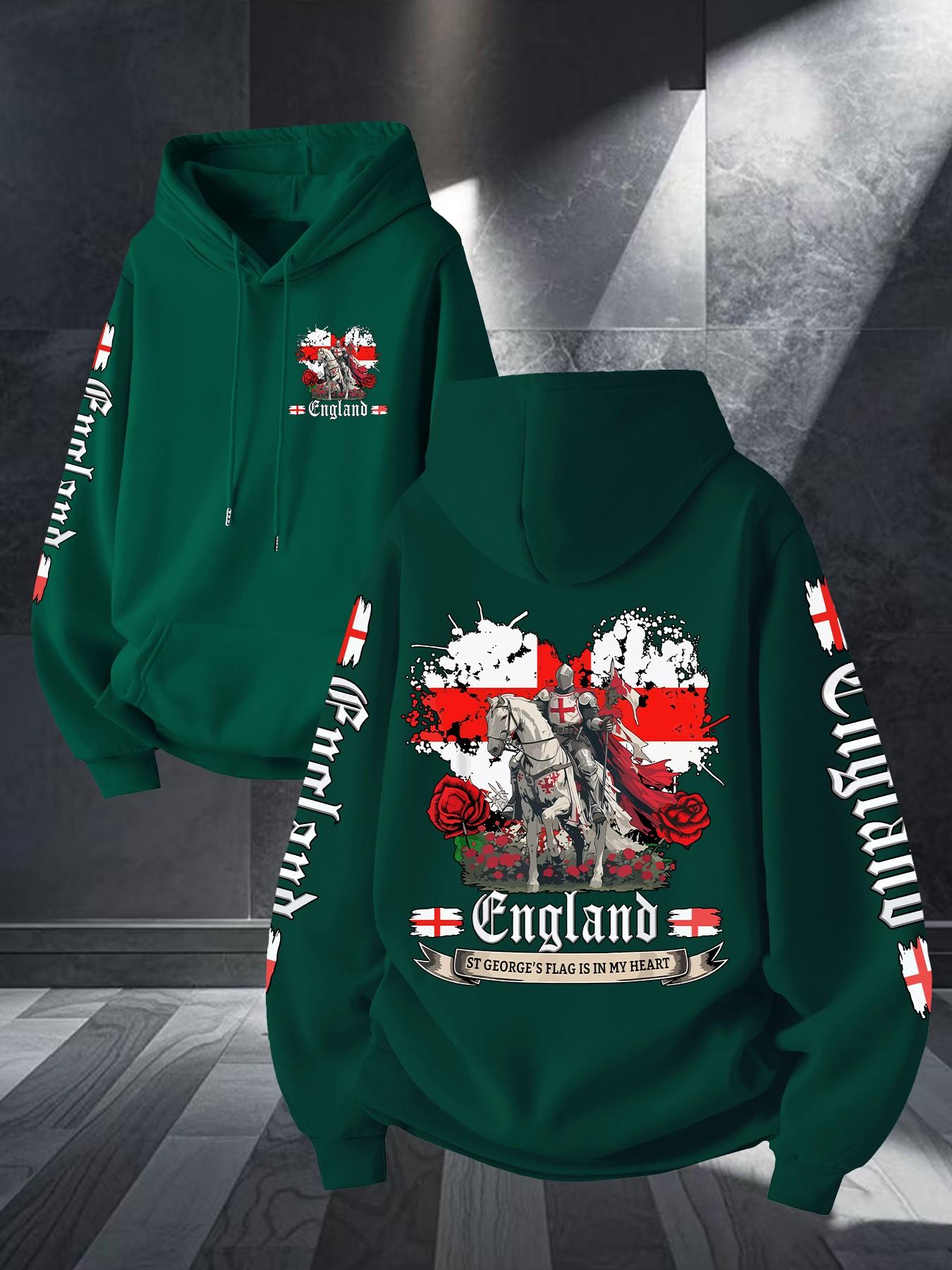 Middle Ages Long Spear Knight England Flag Print Hoodie, Unisex Casual Long Sleeve, Kangaroo Pocket, Fall & Winter Streetwear