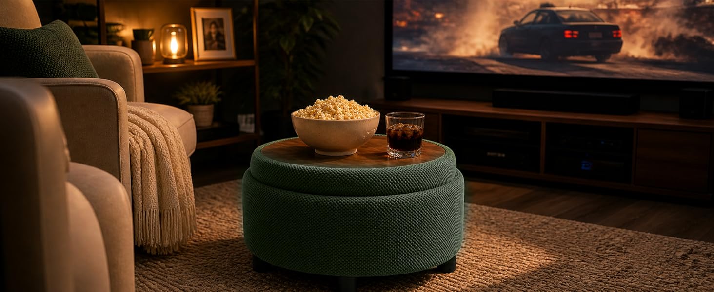 25" Round Fabric Tufted Storage Ottoman - Dark Brown, Reversible Wood Tray Top, Hidden Storage for Blankets & Pillows, Short, Modern, Fixed Arms, No Fire Safety Label, Assembly Required Footrest/Coffee/Side Table for Living Room Small Spaces