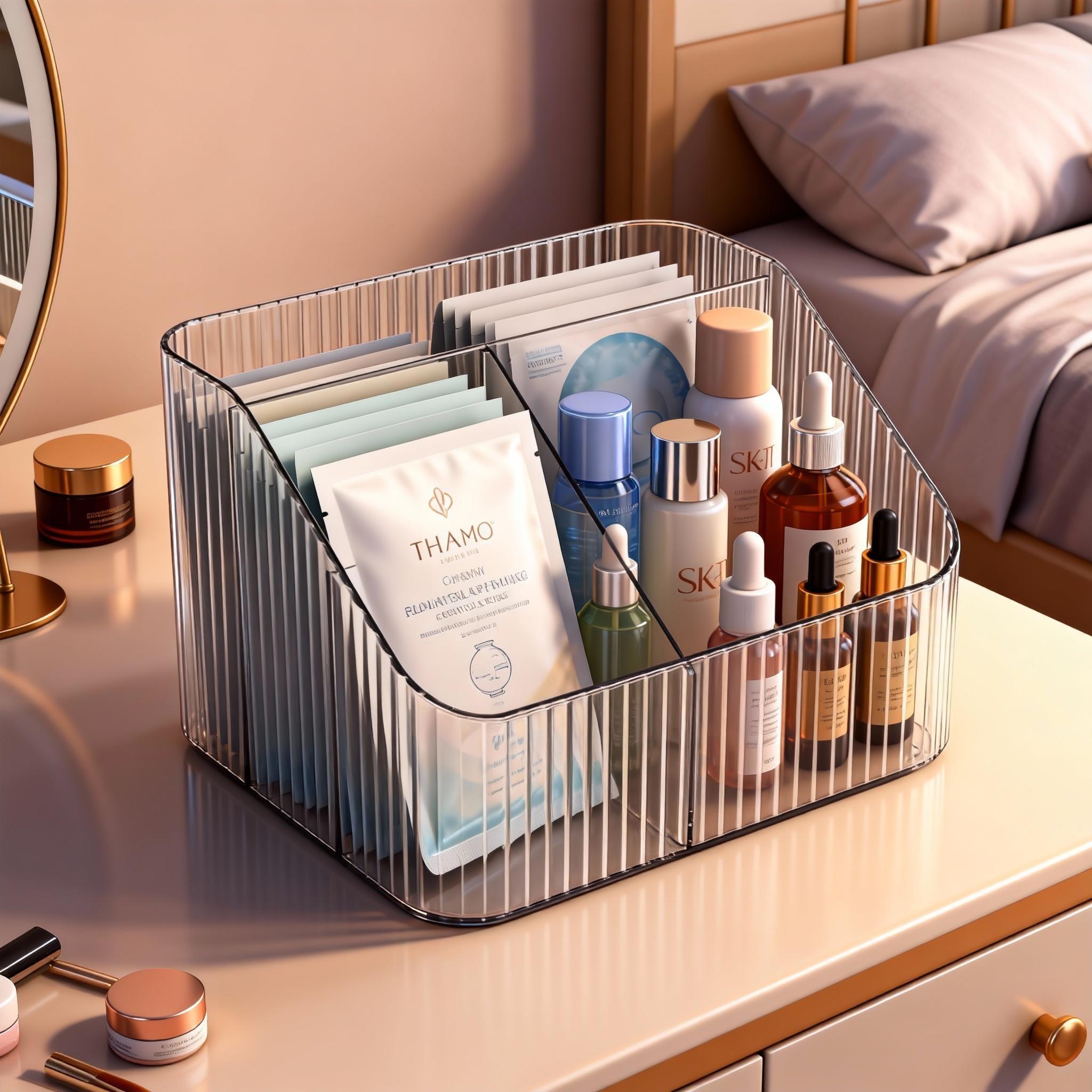 Four-Compartment Storage Box, Stationery Organizer, File Holder, Cosmetic & Skincare Container, Ideal for Office, Bedroom, Living Room