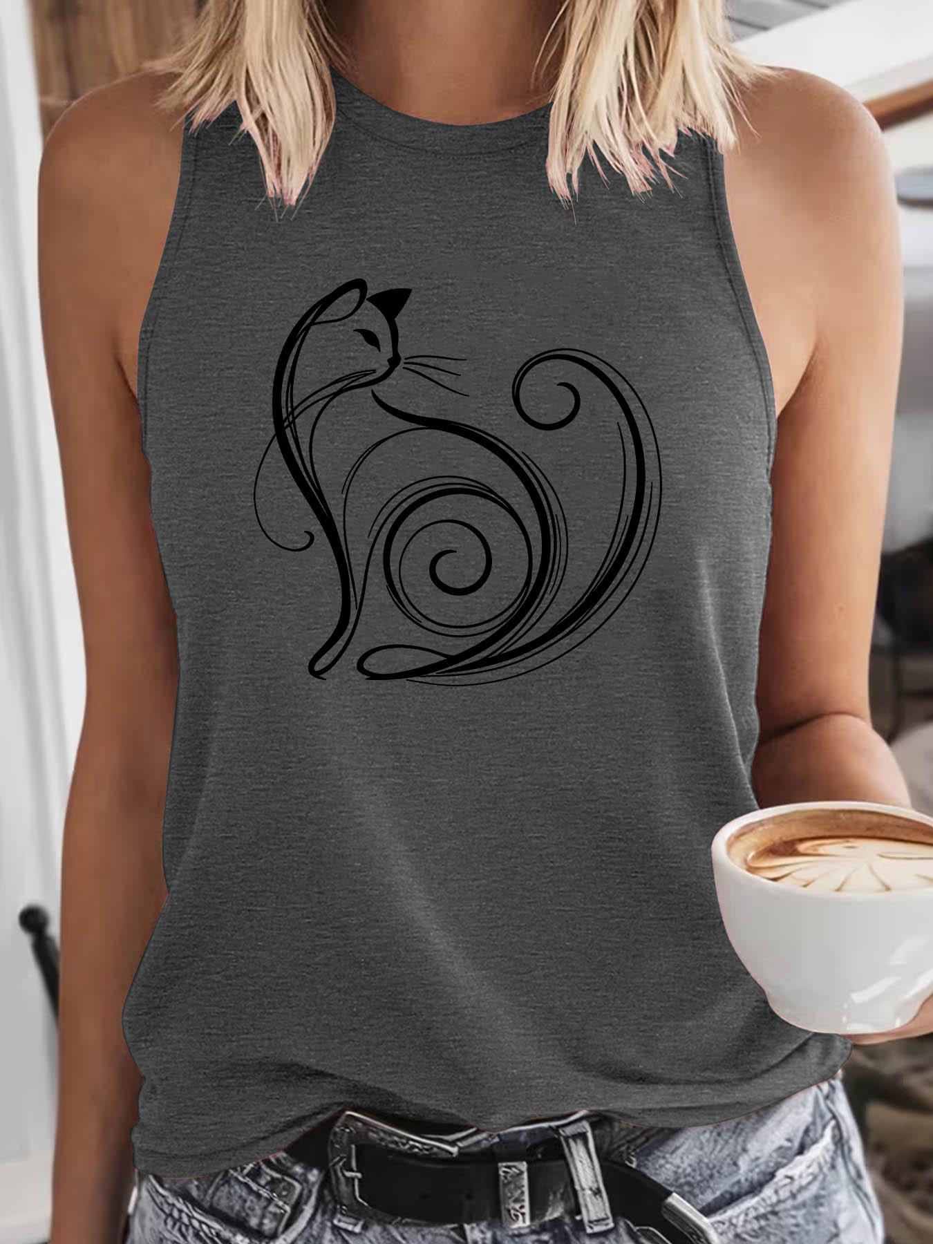 Women's Crew Neck Sleeveless Tank Top, Sleeveless Printed, Artistic Cat Line Art Print, Multiple Colors Available, Machine Washable, Spring & Summer Top, Soft Skin-Friendly Fabric, Daily Versatile, Fashion Design