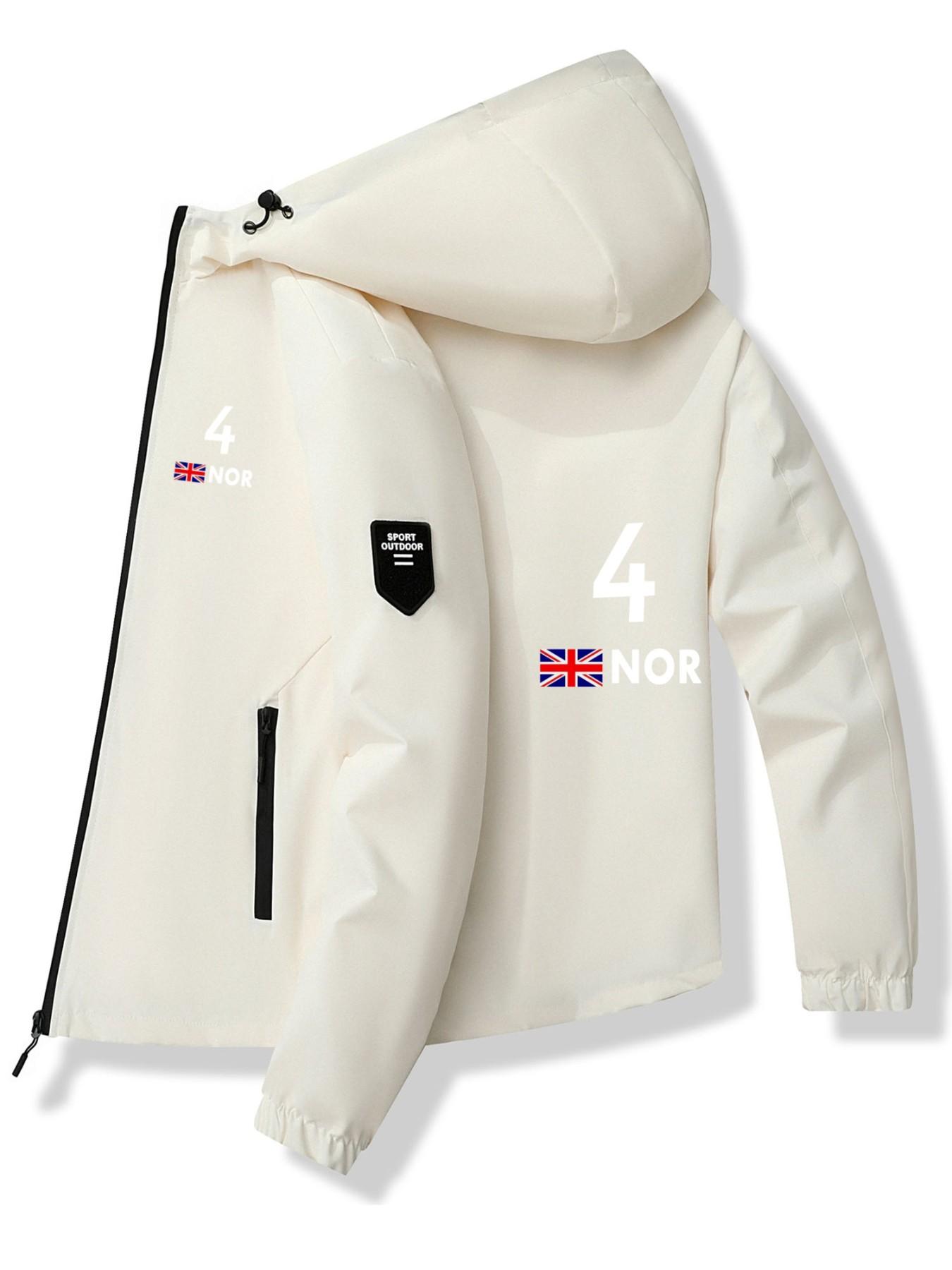 Digital 4 Flag Letter Hoodie Jacket, Polyester Fabric, Slim Fit, Casual Style, Spring & Fall, Trendy Daily Wear Outerwear