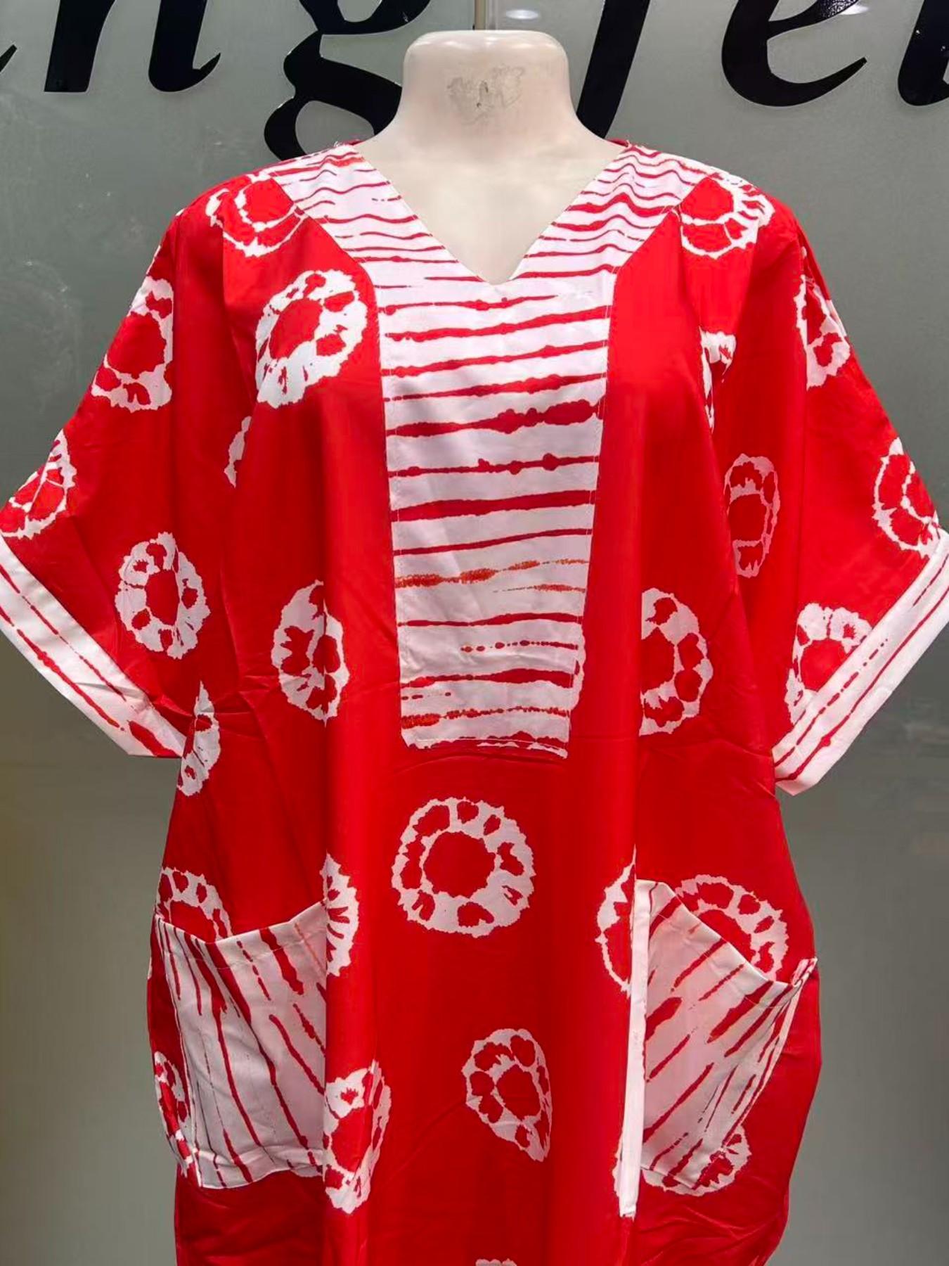 African Style Fashion Dress Summer Loose Plus Size Print Chest Patch Ethnic Boubou Kaftan Long Robe Daily Travel Party V Neck Short Sleeve with Pockets and Scarf Casual Wear