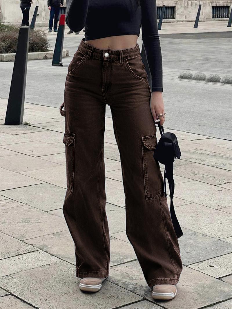 NVFelix Women's Black Cargo Jeans, Casual Utility Loose Fit Straight Leg Denim Pants, High Waisted Casual Trousers with Multiple Pockets for Everyday Streetwear