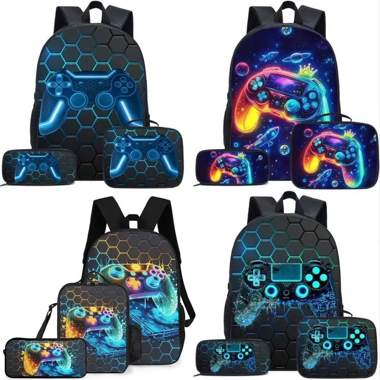 3pcs Gaming Theme Backpack Set (Black/Neon/Colorful), Including Handbag, Pencil Case And Storage Bag - Durable Polyester Material, Lightweight And Fashionable, Mixed Color Design, 17in Bookpack