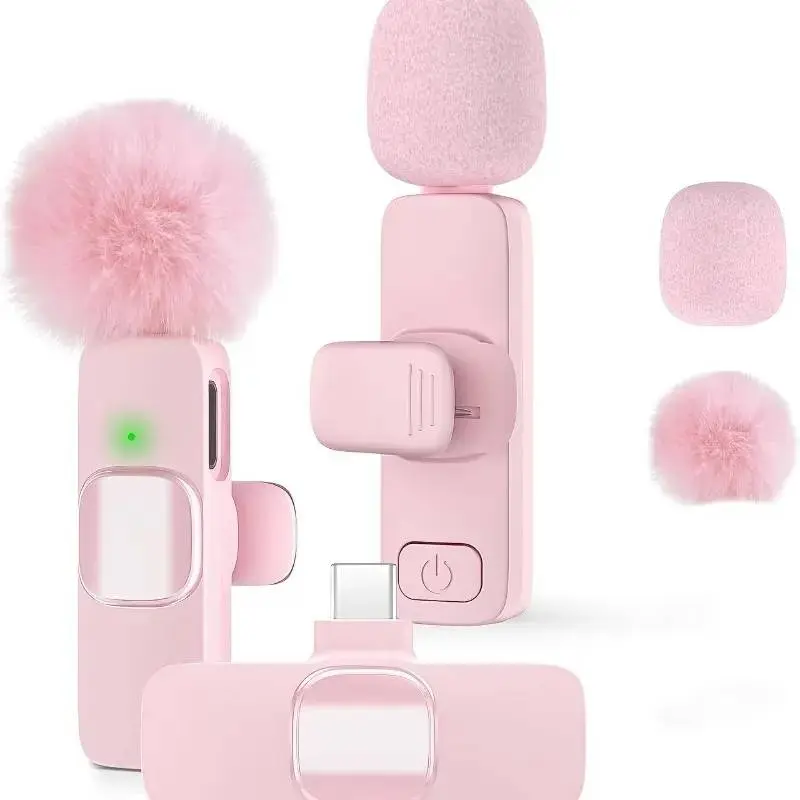 Wireless lapel microphones compatible with iPhone 15 and Android phones, Plug-and-Play wireless microphones with lapel microphone connector, mini version with noise cancellation.