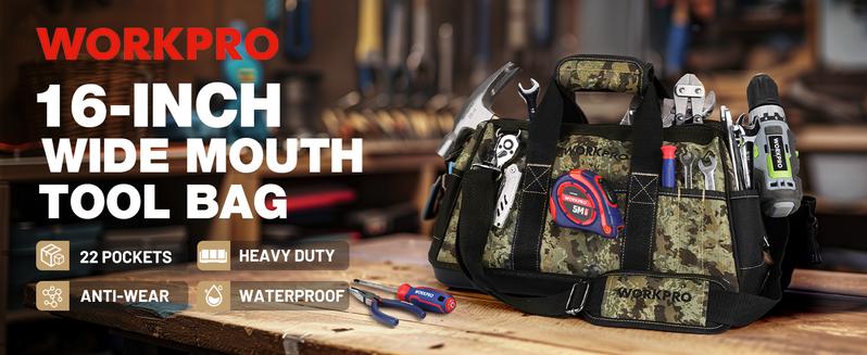 #JumpstartSale WORKPRO 16-inch Wide Mouth Tool Bag with Water Proof Molded Base