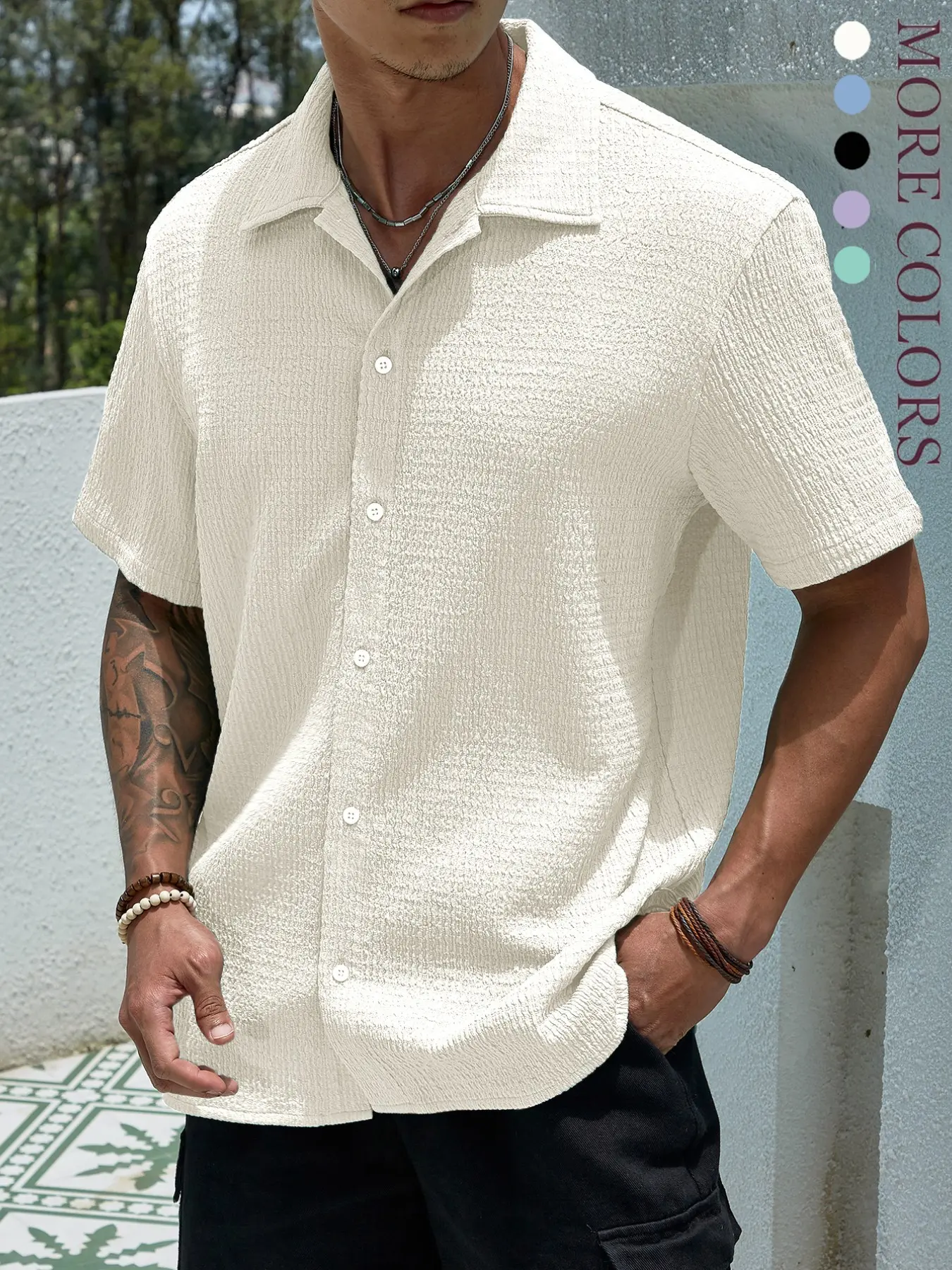 Men's Textured Button Front Shirt Collared Casual Long Sleeve Top, Summer Wear, Daily Male Clothing, National Day, 2026 Seasonal Style