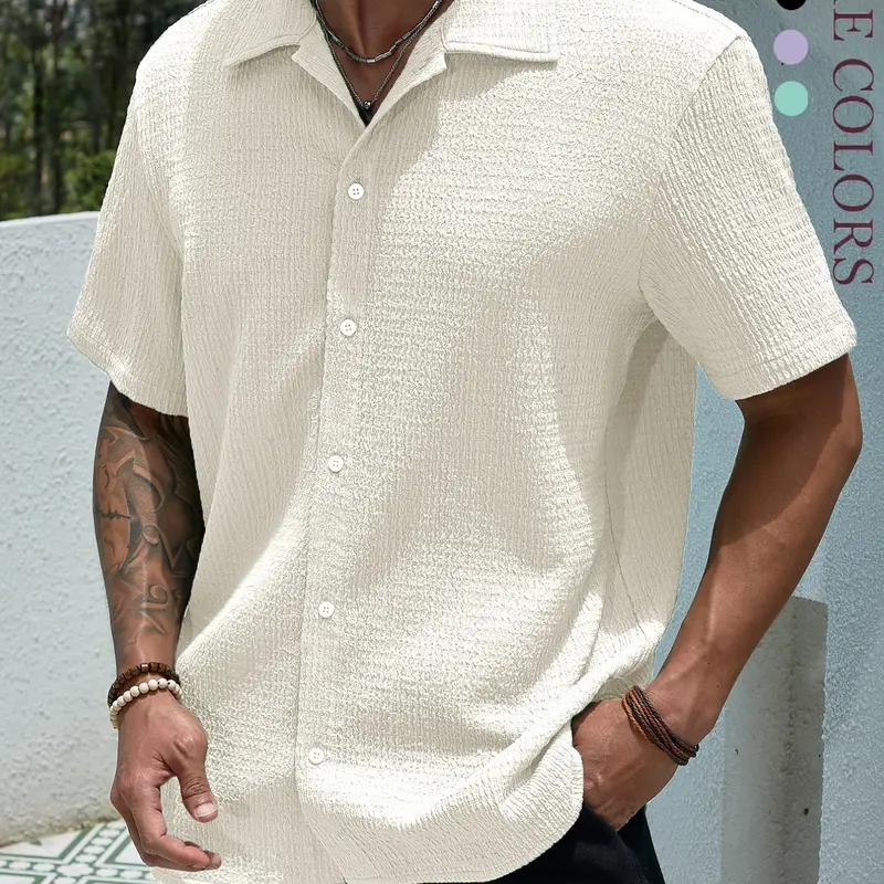 【Black Friday】2026 Men's Textured Button-Front Collared Shirt, Casual Top, Summer Wear, Men's Everyday Clothing