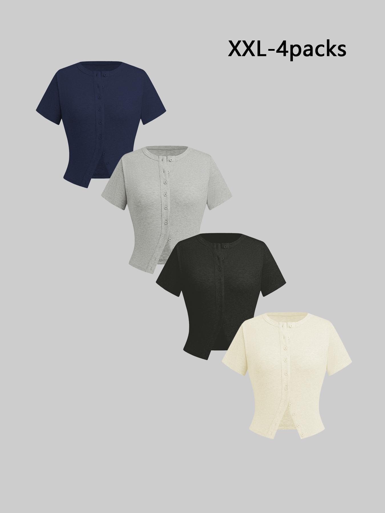 Women's Plain Button Front Ribbed Tee Set, Casual Chic Minimalist, Casual Short Sleeve T-shirt for Daily Wear, Ladies Clothes for All Seasons