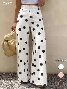 Spring Summer High-Waisted Elastic Women's Jeans, Casual Wide Leg Pants, Polka Dot Design, Regular Fit