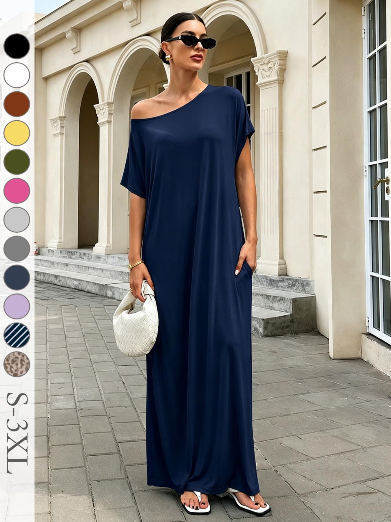 Women's Casual Boho Chic Loose Long T-Shirt Dress, Striped Short Sleeve One-Shoulder Sleepwear with Pockets, Comfortable Fit for Daily, Beach and Vacation Wear Boho Fashion