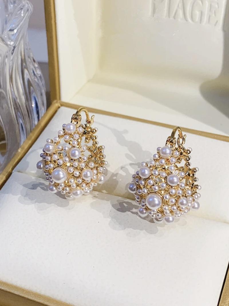 French Vintage Hollow Out Faux Pearl Basket Design Earrings, Fashionable Elegant Women's Daily Party Versatile Delicate Earings, Fashionable Hoop Earrings