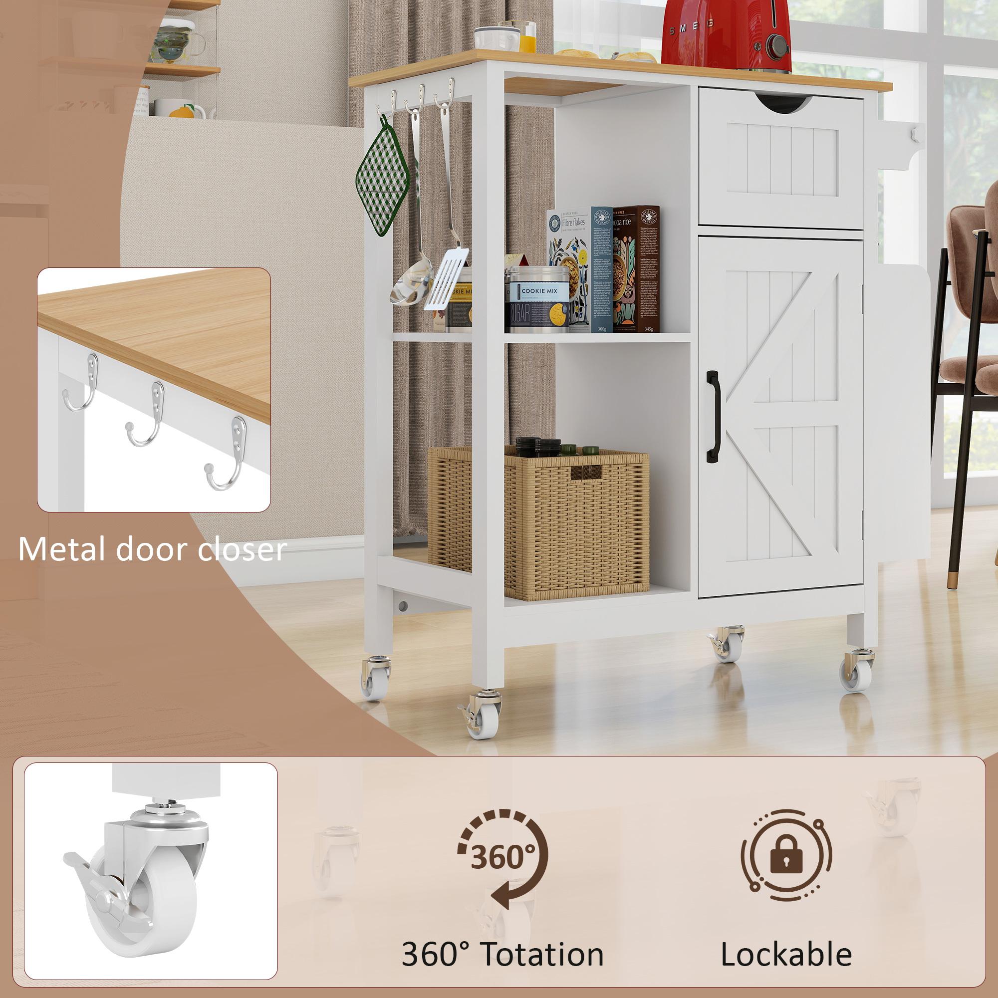 Kitchen Island Cart with Storage Cabinet, Rolling Kitchen Cart on Wheels with Drawer, Spice Rack & Towel Rack, Mobile Kitchen Island Table, Portable Serving Cart, Utility Storage Cabinet for Kitchen, Dining Room, Pantry, White