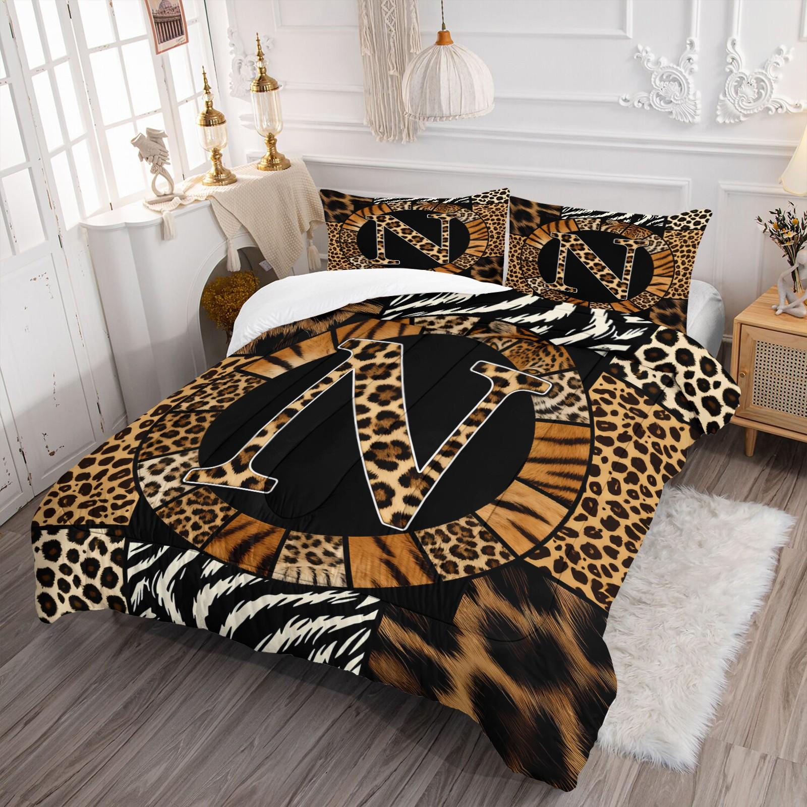 Wild Patchwork First Letter Print Comforter Set & 1-2 Pillowcases No Core, Leopard Print Letters A-Z, Zebra, Hair Texture Collage Pattern, Soft Warm Bedding, Wild Sexy Bedroom Decor, Ideal Gift Choice