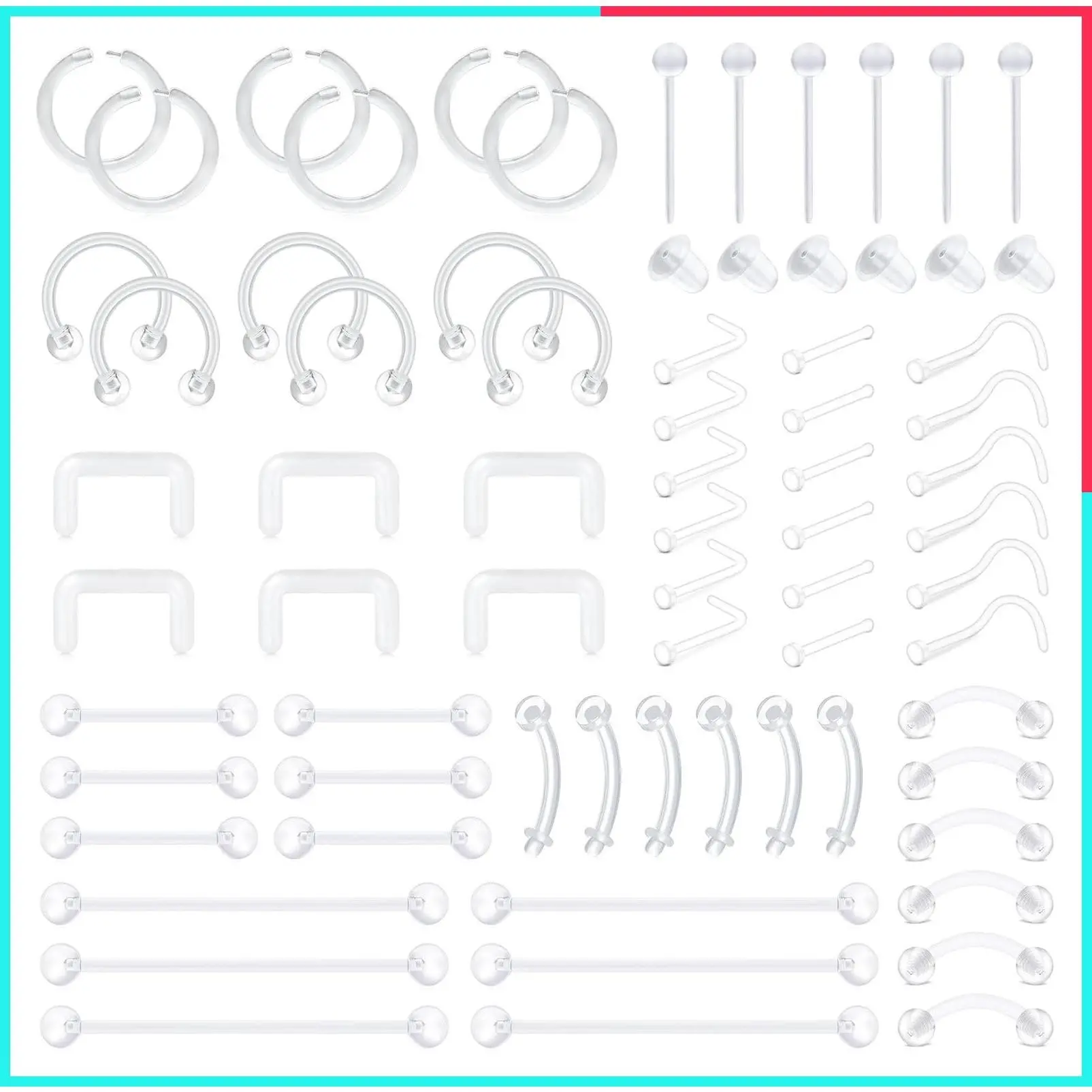 Clear Flexible Plastic Piercing Retainer Kit for Lip, Nose, Eyebrow, Nipple, Tongue, Belly Button Rings, Industrial Barbell Piercing Retainers