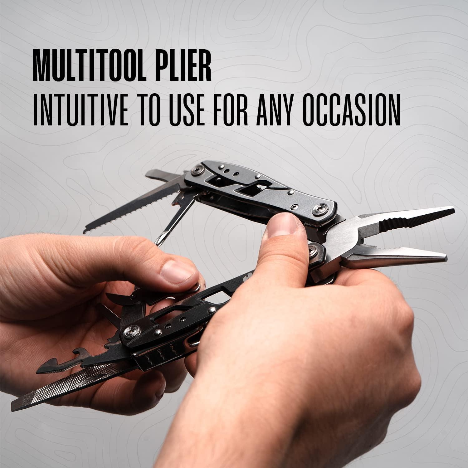 12-in-1 Stainless Steel Pocket-Size Plier Multitool with Safety Lock, 1-Handed EDC Gear, Durable 12-in-1 Multitools & Accessories for Camping Survival