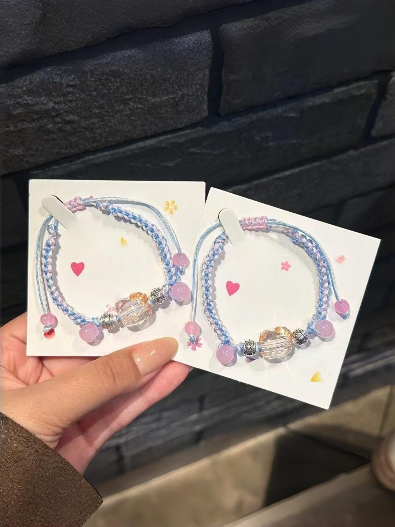 Hellokitty Handmade Blue Wristband Bracelet, Cute Student Bff Gift, Unique Cat Accessory, Perfect for Friends