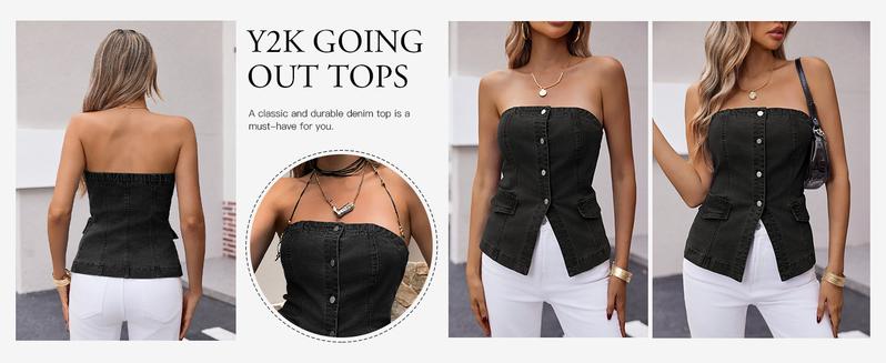 Imily Bela Womens Strapless Denim Vest Summer Button Down Jean Tube Tops Y2k Going Out Fitted Bandeau Shirts Waistcoat