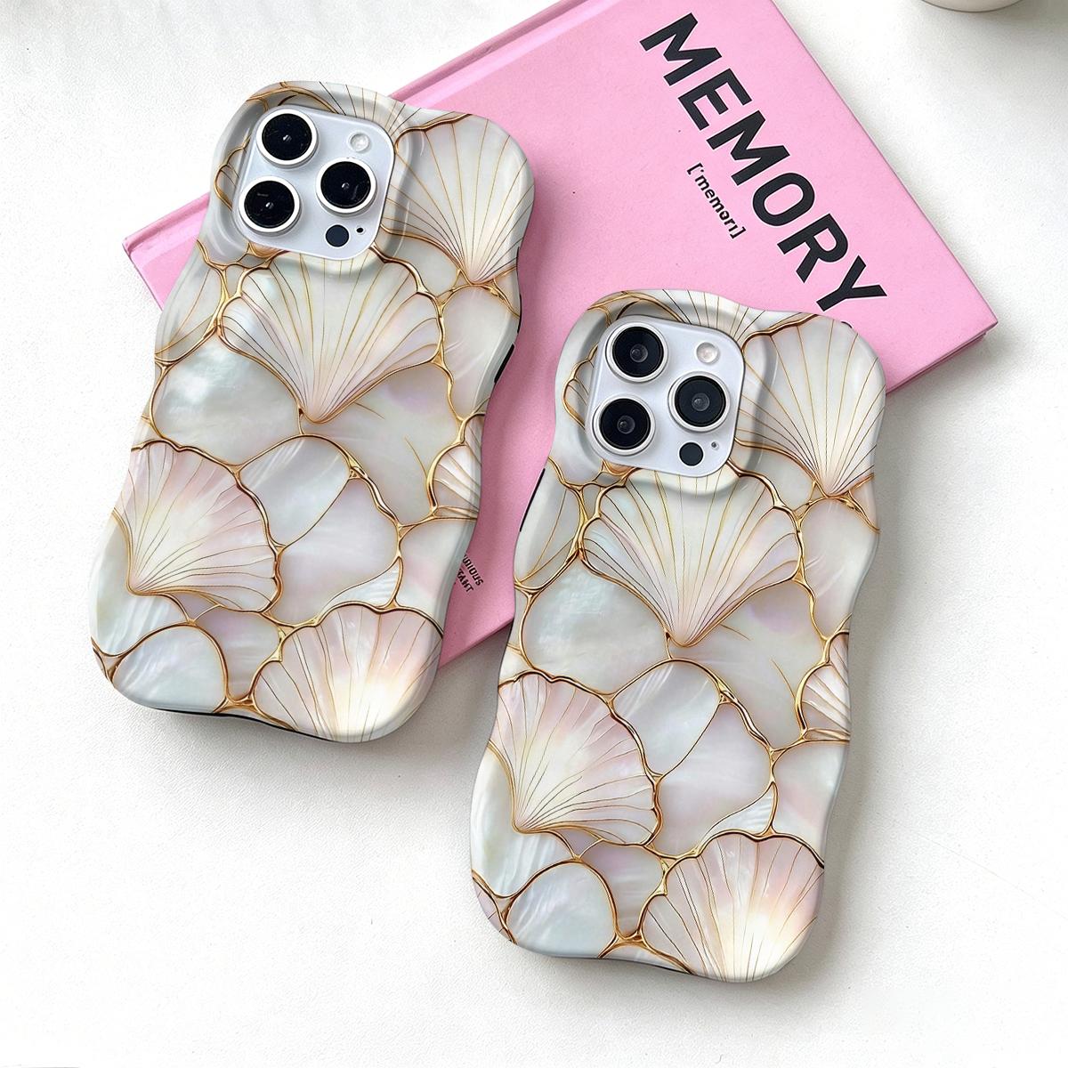 Shockproof Protective Smartphone Case for 6.1-6.7" Phones, Dual PC+TPU Blend with 2D Pearl Shell Ginkgo Leaf Golden Line Print, Marble Design, Camera Cover, Wavy Curved Raised Edges, Glossy Finish, Non-Slip, Easy Installation, Aesthetic Boost