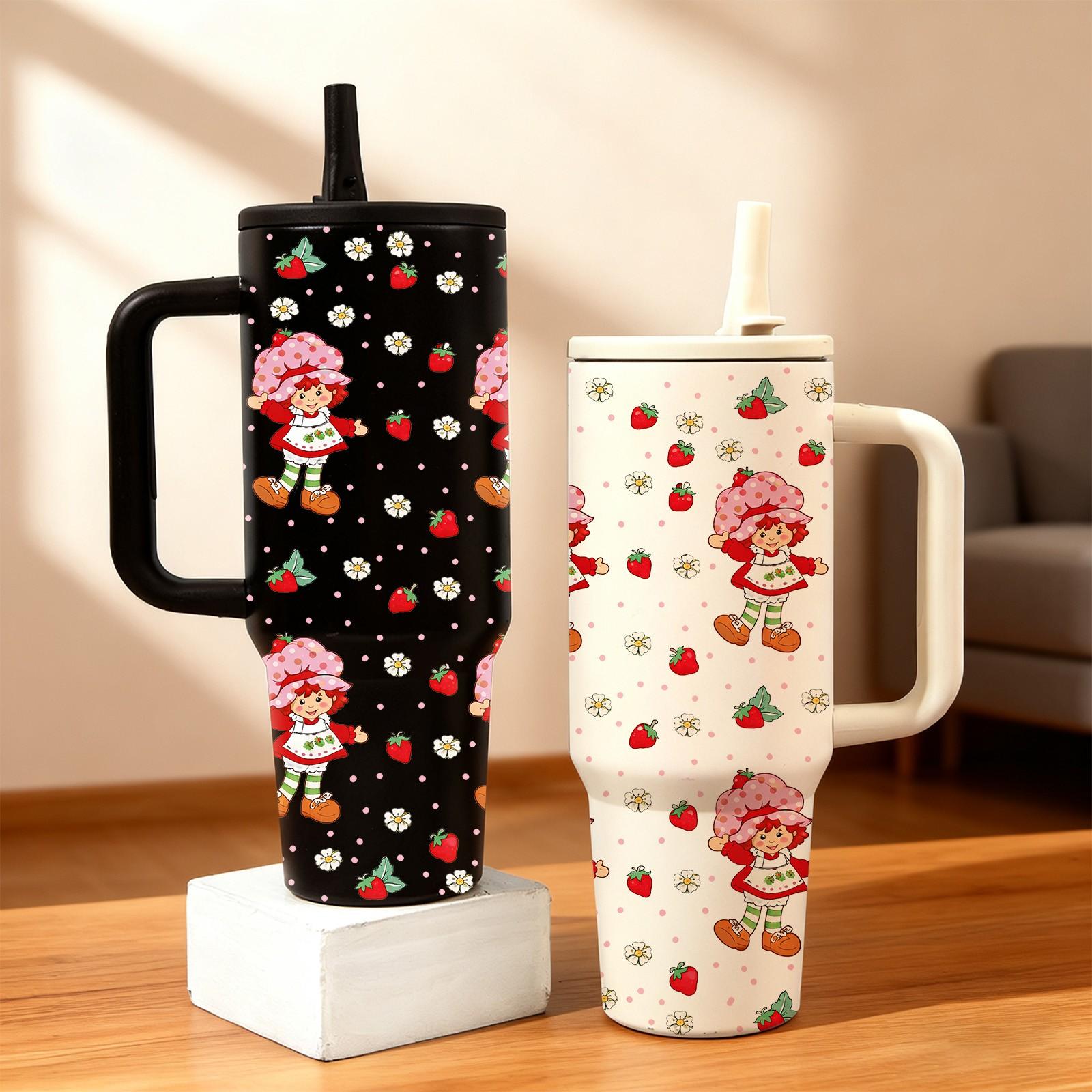 1 Pc 40oz Insulated Mug with Straw Lid and Handle, Cute Strawberry Girl Cartoon Pattern Tumbler, Double Wall Vacuum Thermal Mug for Hot Cold Drinks, Keeps Hot 12 Hours Cold 24 Hours, Large Capacity Leak Proof Design, Gift for Women Girls Holiday