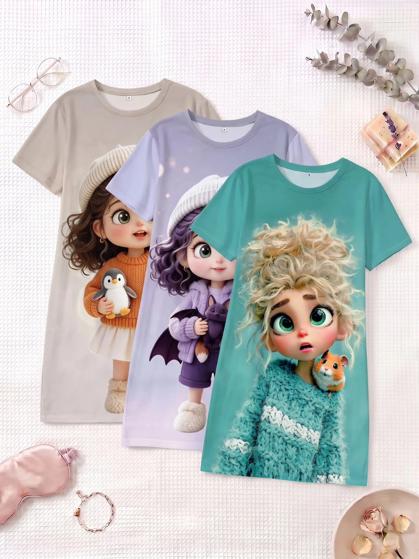 3-Pack Women's Nightdresses, Round Neck Short Sleeve, All-Season Everyday Comfortable Breathable, Cute Cartoon Print, Casual Home Wear Nightwear Loungewear