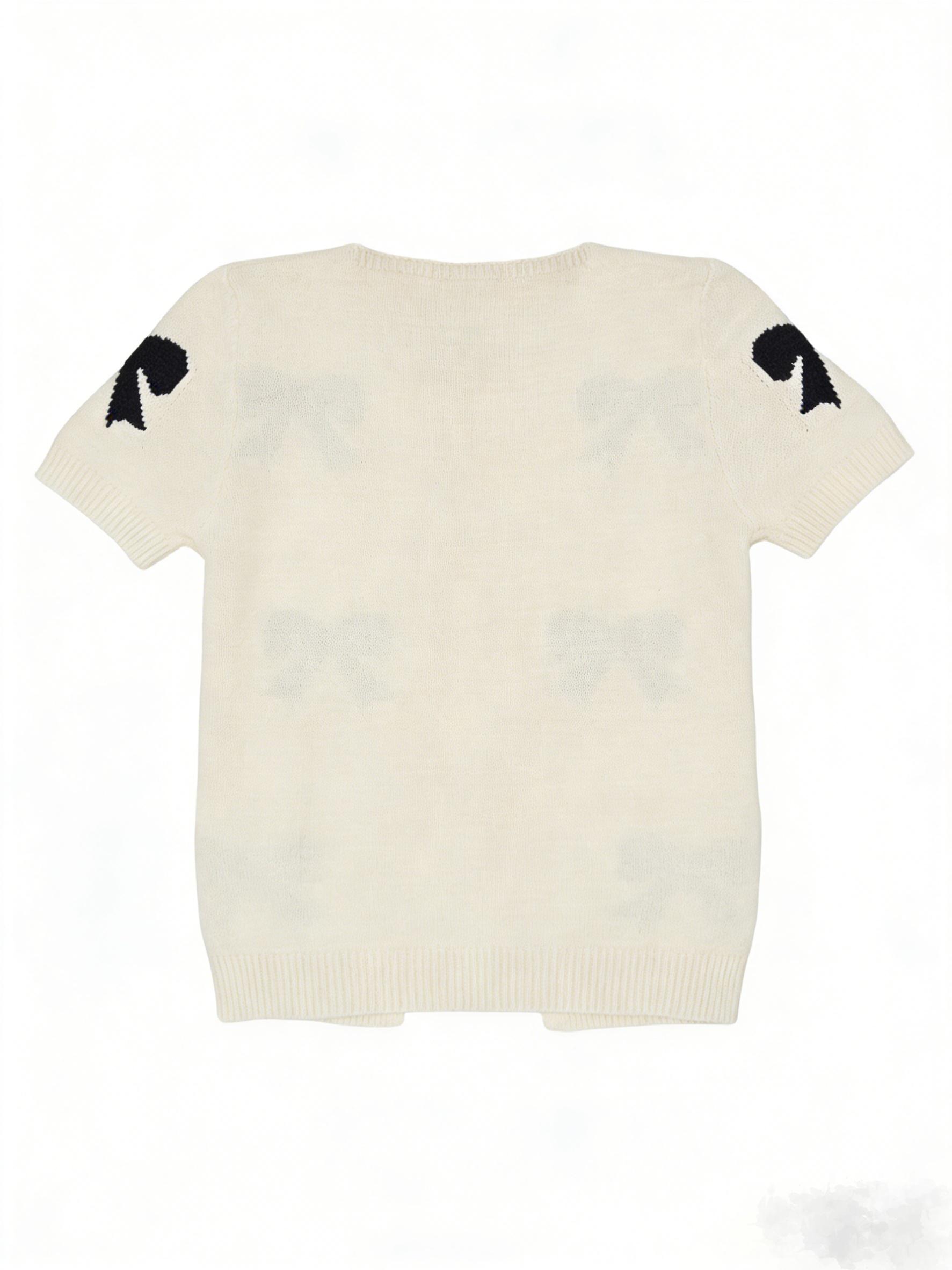 Playful Contrast Beige-black Bow Jacquard Design Tie-front Open Knitwear Cardigan, Casual Soft Neutral Short Sleeve Knits Sweater, 2026 Summer Coastal Vacation Cool Girl Fashion Sexy Tie Top, Coquette Aesthetic Fashion Style, Y2K Retro Vintage Style