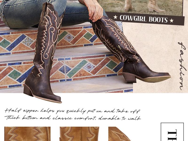 Wetkiss Women Embroidery Cowgirl Cowboy Boots with Zipper Pointed Toe, Knee High Western Retro Vintage Classic Tall Boots for Ladies ,Women's Shoes,Women's Boots #TikTokShopSpringGlowUp #greenish