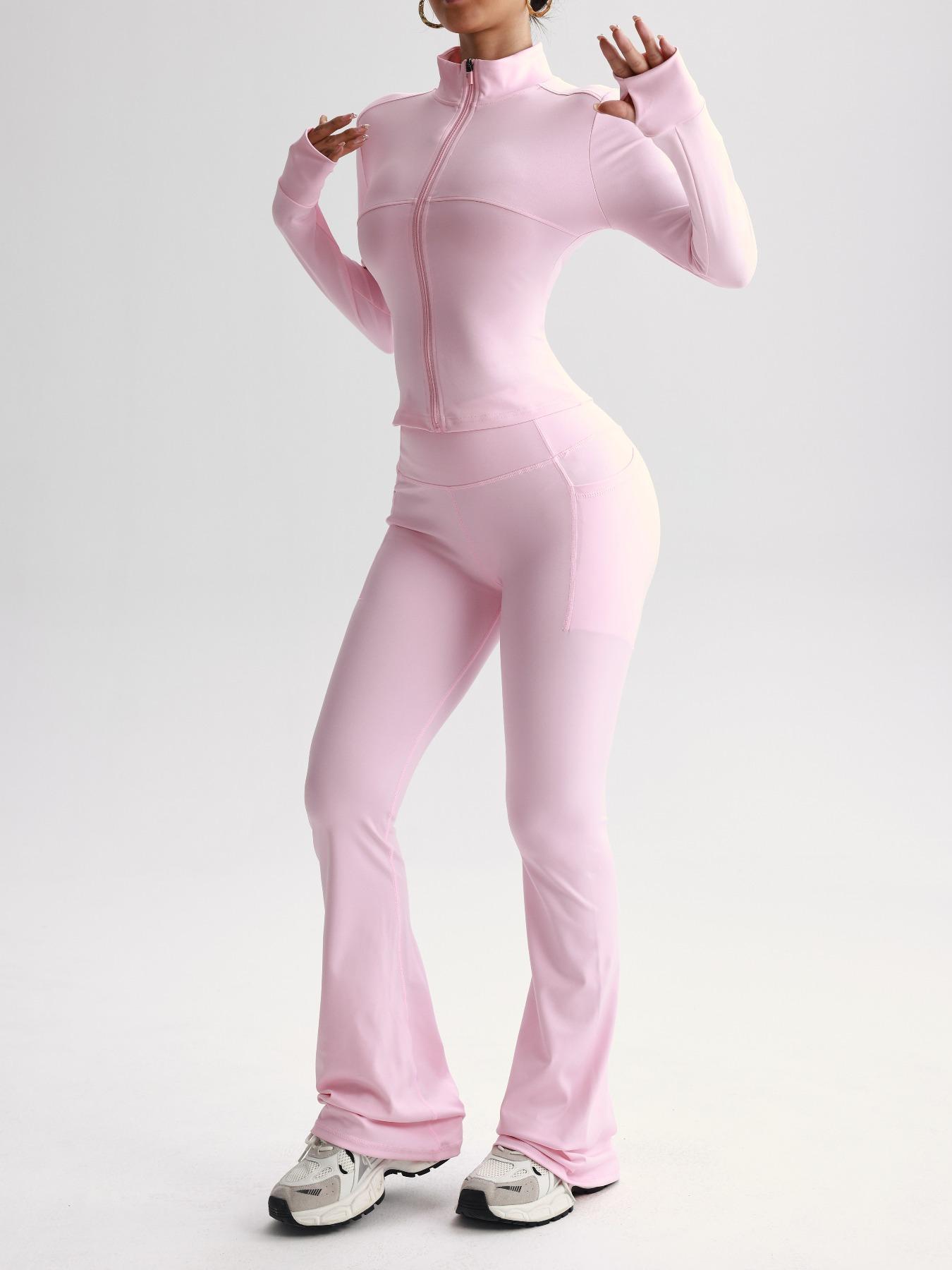 Women's Solid Color Zipper Jacket & Pocket Flare Pants Set, Athleisure Wear Set, Perfect for Yoga & Gym & Outdoor Use, Comfortable Breathable Outfit for Autumn Winter