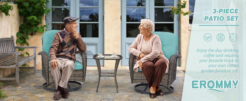 EROMMY 3 Pieces Outdoor Swivel Rocker Patio Chairs, 360 Degree Rocking Patio Conversation Set with Thickened Cushions and Glass Coffee Table for Backyard  wicker furniture