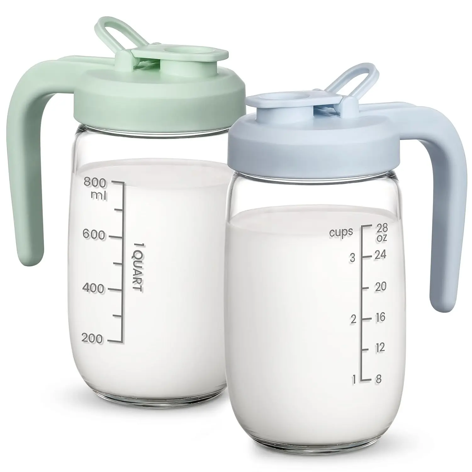 2 Pack 32 OZ Breast Milk Pitcher, Heat & Cold Resistant, Sudden Temperature Safe Glass Fridge Storage Container with Wide Mouth, No Leak for Baby Formula, Juice, Cold Brew - Blue, Green(Gift)